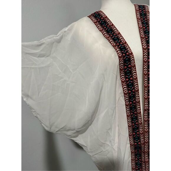 West loop Embroidered trim lightweight cover up kimono flowy frindge open front - Picture 2 of 5